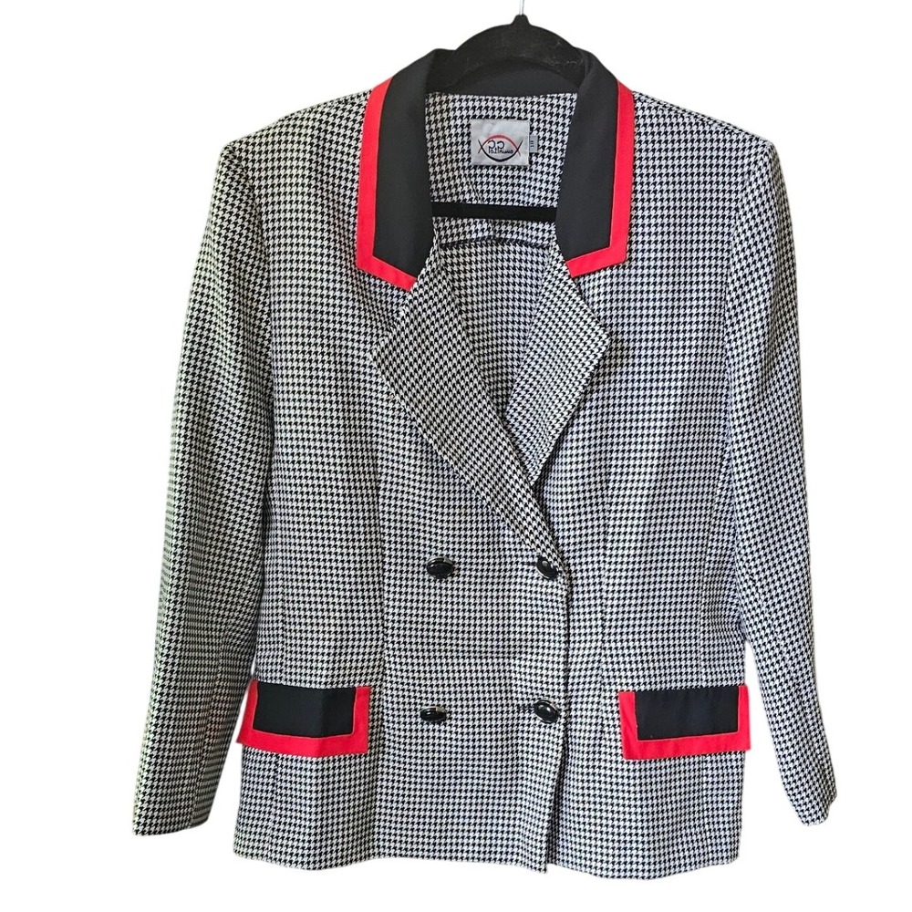 Vintage Houndstooth Blazer Red Black Trim Double Breasted Jacket‎ Size 18 - Picture 2 of 5